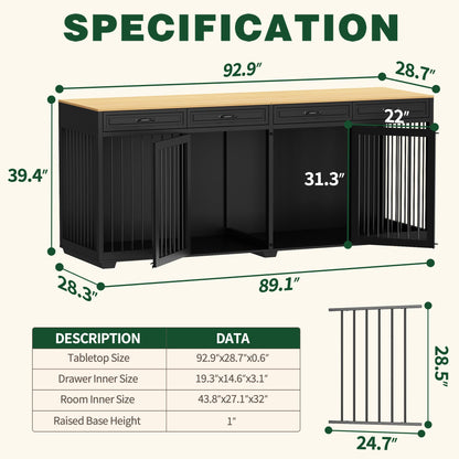 DAWNSPACES Extra Large Dog Crate Furniture, 93 Inch Heavy Duty Wooden Dog Kennel with Drawers & Removable Divider, Indoor Furniture Style Luxury Double Rooms Dog House for XL Large Dogs, Blac - WoodArtSupply