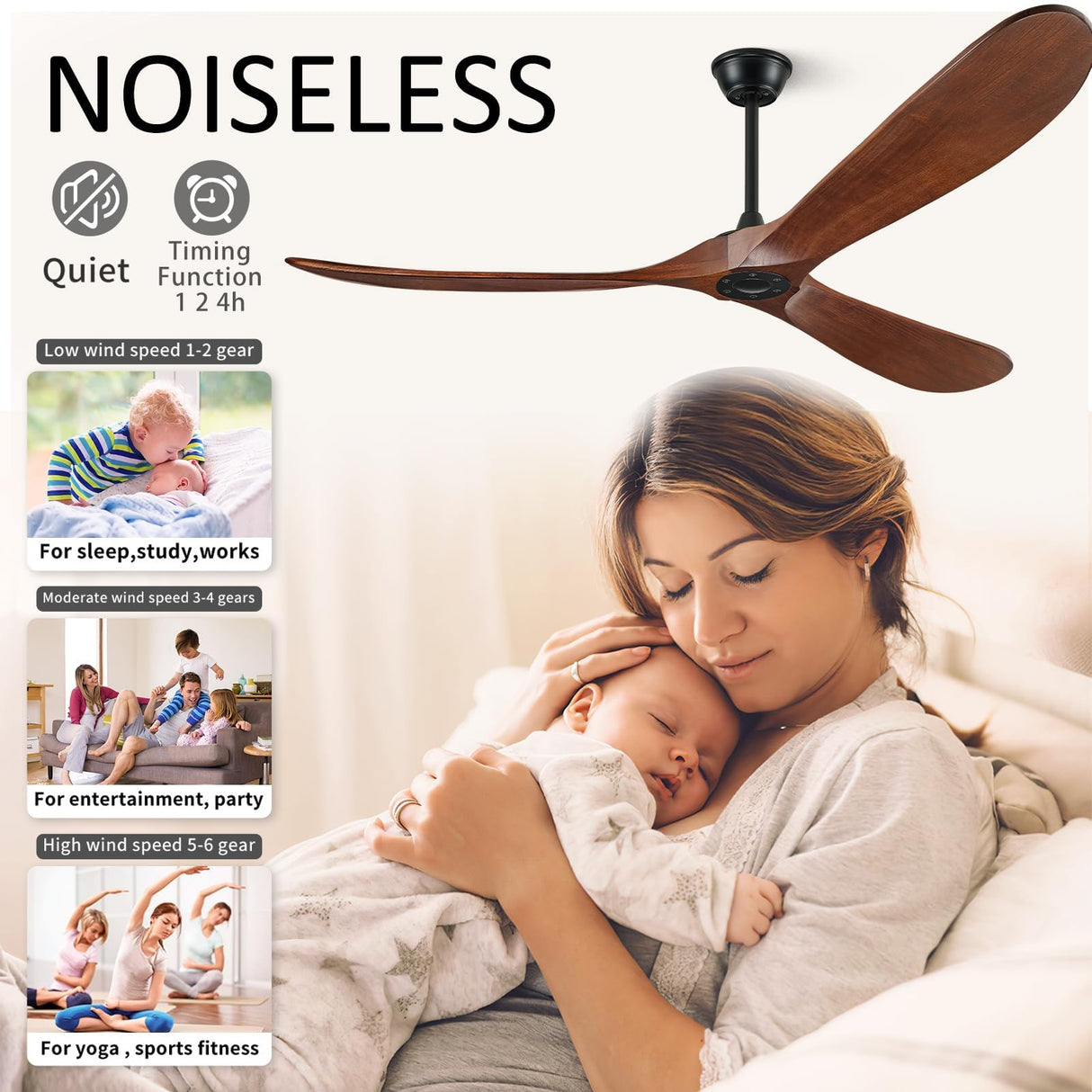 BOOSANT 72" Ceiling Fans without Lights, 72 inch Ceiling Fan no Light, High cfm Quiet 3 Blade Wood Walnut Ceiling Fan, Large Modern Ceiling Fan with Remote, Propeller Outdoor Ceiling Fans for Patios BOOSANT