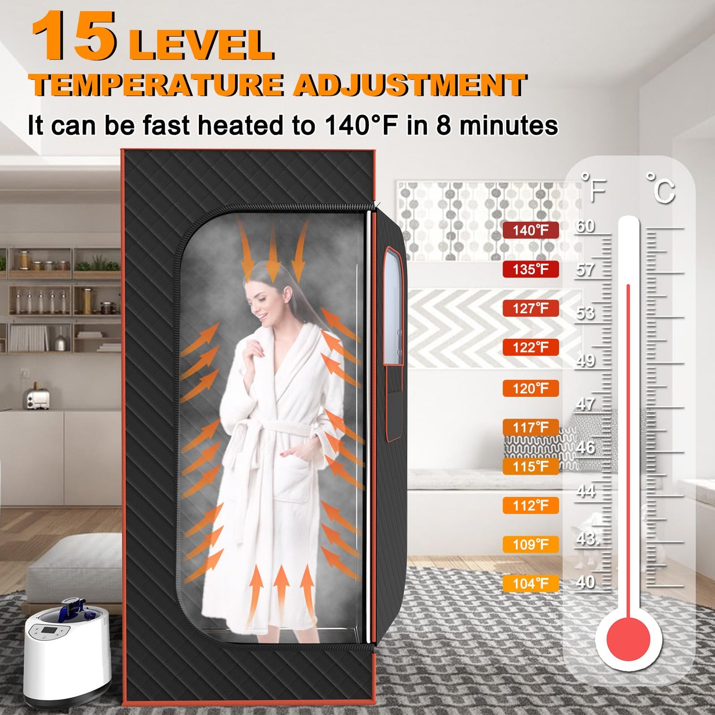 AgiiMan Portable Sauna Box, Portable Infrared Sauna for Home with 3L Steamer, Remote Control, Folding Chair and Mat, Full Size Personal Steam Sauna Tent for Wellness & Relaxation, Orange