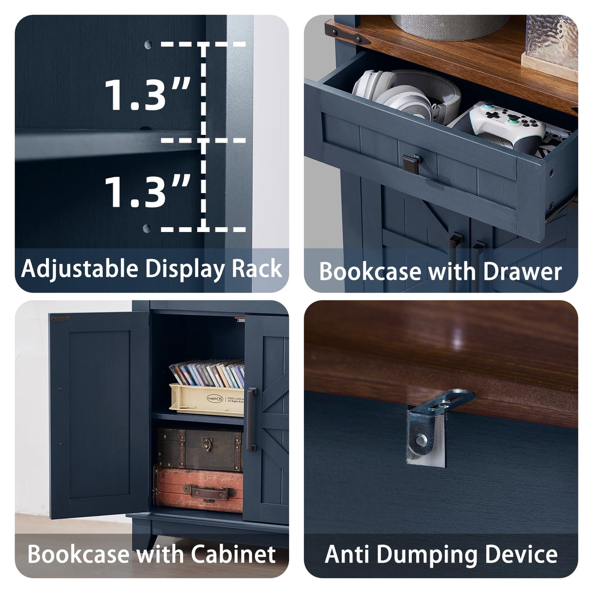 Joaxswe 72in Tall Bookshelf 7 Tier Bookcase with Drawer and Barn Doors and Adjustable Shelves, Blue Farmhouse Book Shelf with Storage Cabinet, Wood Freestanding Display Bookshelves for Kitchen (2PCS) Joaxswe