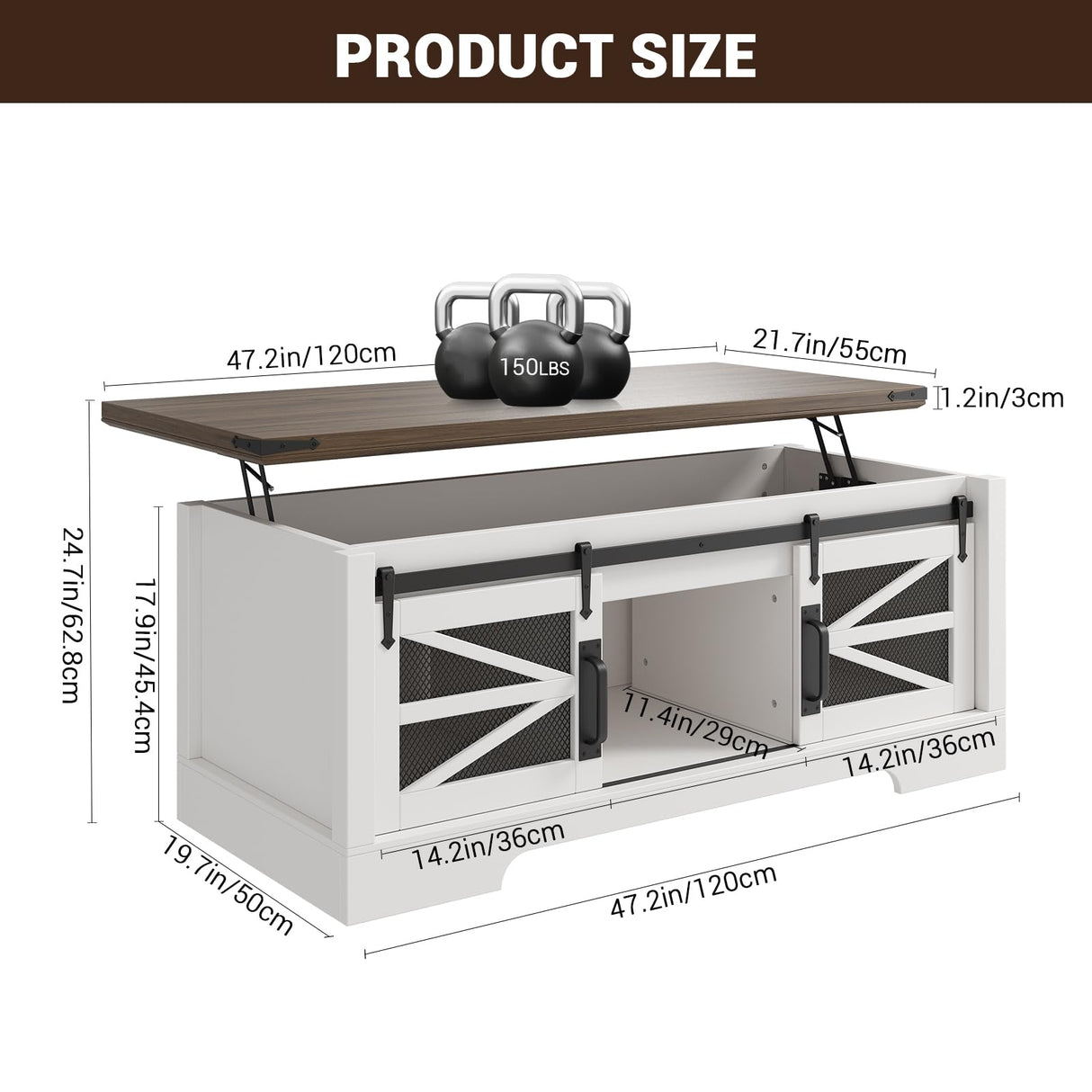 Garvee Lift Top Coffee Table, 47.2 in Multifunction Coffee Table with Sliding Barn Door, Hidden Storage Compartment, Lifting Table Top and Adjustable Shelf, Farmhouse Rustic Center Dining Table Garvee