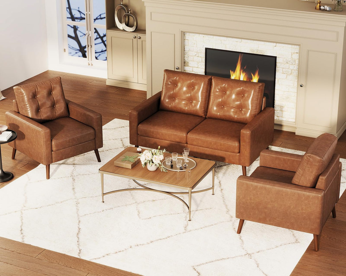 HNY Mid Century Modern 53” Loveseat Sofa, Comfy Upholstered Button Tufted Faux Leather 2 Seater Small Sofa Couch, Lounge Sleeper Love Seats for Small Spaces Living Room Apartment Bedroom, Brown HNY