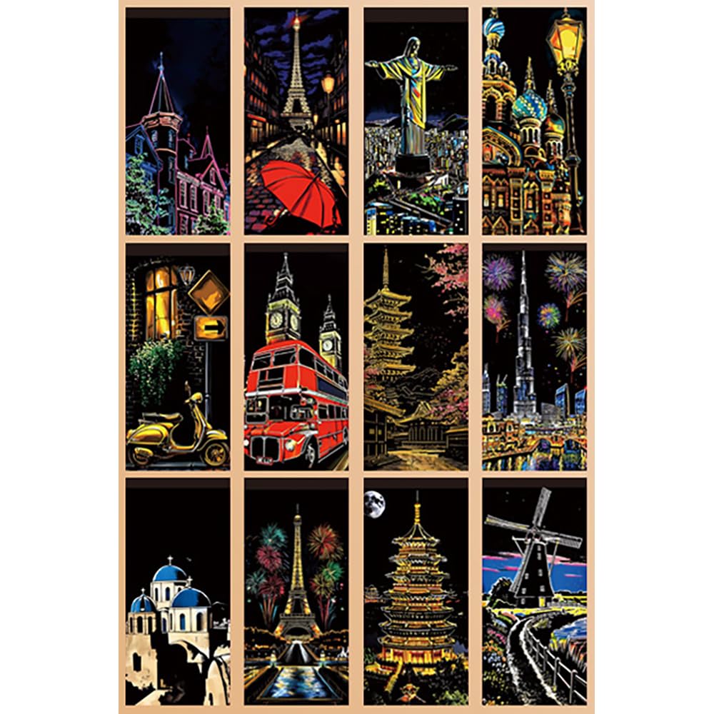 Scratch Art Painting Scratch Paper Rainbow Painting Sketch Pads DIY Art Craft Set， 4 Pcs Vincent Van Gogh Engraving and 24Pcs Classic Landmarks and Animal Series for Kids & Adults with 3 Tools Ryoma