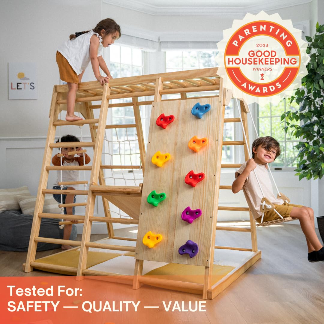 Avenlur Magnolia Indoor Playground 7-in-1 Jungle Gym Playset for Kids 2-6yrs - Slide, Climbing Wall, Rope Wall Climber, Monkey Bars, Swing - Waldorf and Montessori Style Wooden Climb Set.