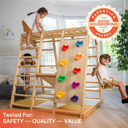 Avenlur Magnolia Indoor Playground 7-in-1 Jungle Gym Playset for Kids 2-6yrs - Slide, Climbing Wall, Rope Wall Climber, Monkey Bars, Swing - Waldorf and Montessori Style Wooden Climb Set.