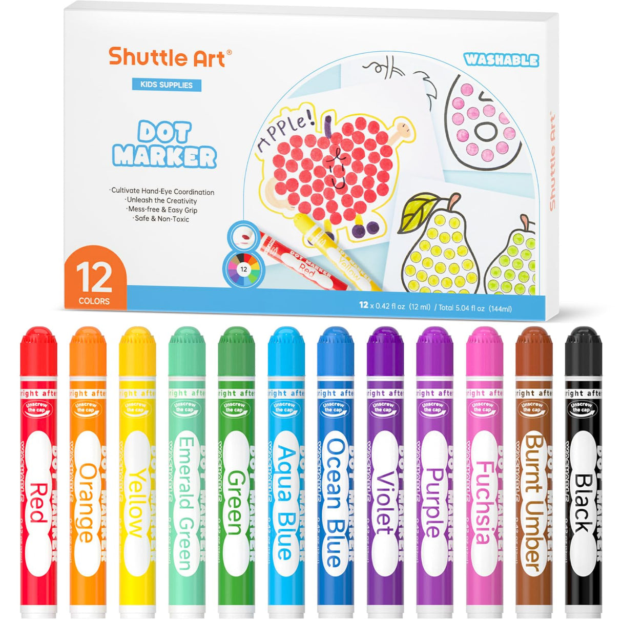 Shuttle Art Dot Markers, 12 Colors Washable Markers for Toddlers,Bingo Daubers Supplies Kids Preschool Children, Non Toxic Water-Based Shuttle Art