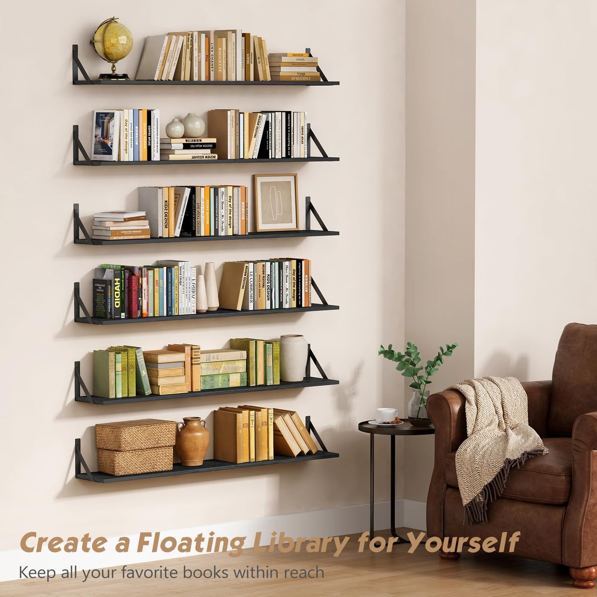 Forbena 48 Inches Long Floating Book Shelves for Wall Set of 3, Black Wall Bookshelves for Living Room, Large Heavy Duty Wood Wall Mounted Hanging Bookshelf for Bedroom Office Library Classroom Forbena