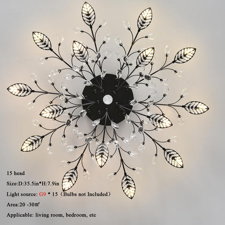 Modern Crystal Ceiling Light Fixture,Semi Flush Mount Chandeliers,Crystal Leaf Ceiling Light, Chandeliers for Dining Room,Living Room,Bedroom (Black, 15-Lights) Ridiss