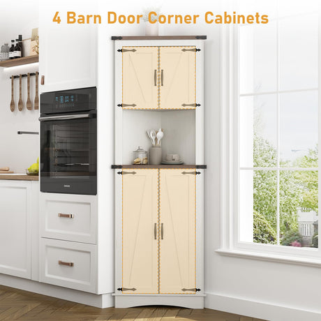 chartustriable 68" Tall Farmhouse Corner Cabinet, Corner Storage Cabinet with 4 Doors and Adjustable Shelves, Tall Barn Door Corner Cabinet with 5 Storage Shelves, for Kitchen, Bathroom, Antique White chartustriable
