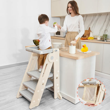 Forbena Foldable Toddler Tower Kitchen Learning Stool Helper, Montessori Kids Standing Tower for Counter, Collapsible Adjustable Baby Child Step Stool with Safety Net for Bathroom Sink (Grey) Forbena