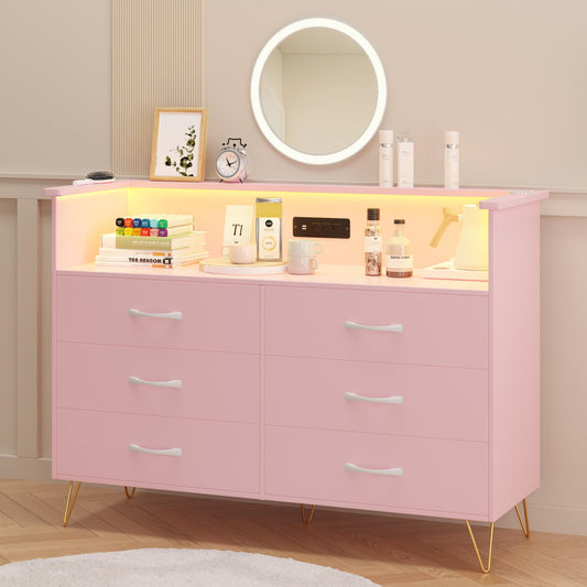 Pink Dresser for Bedroom with Power Outlet & LED Light, 6 Wooden Dressers with Wide Drawers & 2-Tier Open Shelves, Modern Chest of Double Wide Drawers for Living Room, Entryway, Hallway TV Stand