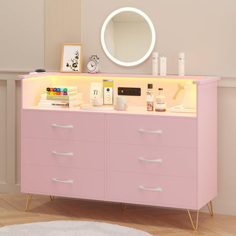 Patikuin Dresser for Bedroom with LED Light & Charging Station, 6 Drawers Wooden Dressers with Open Space, Modern Chest of Double Wide Drawers for Living Room, Entryway, Hallway TV Stand, Pink Patikuin