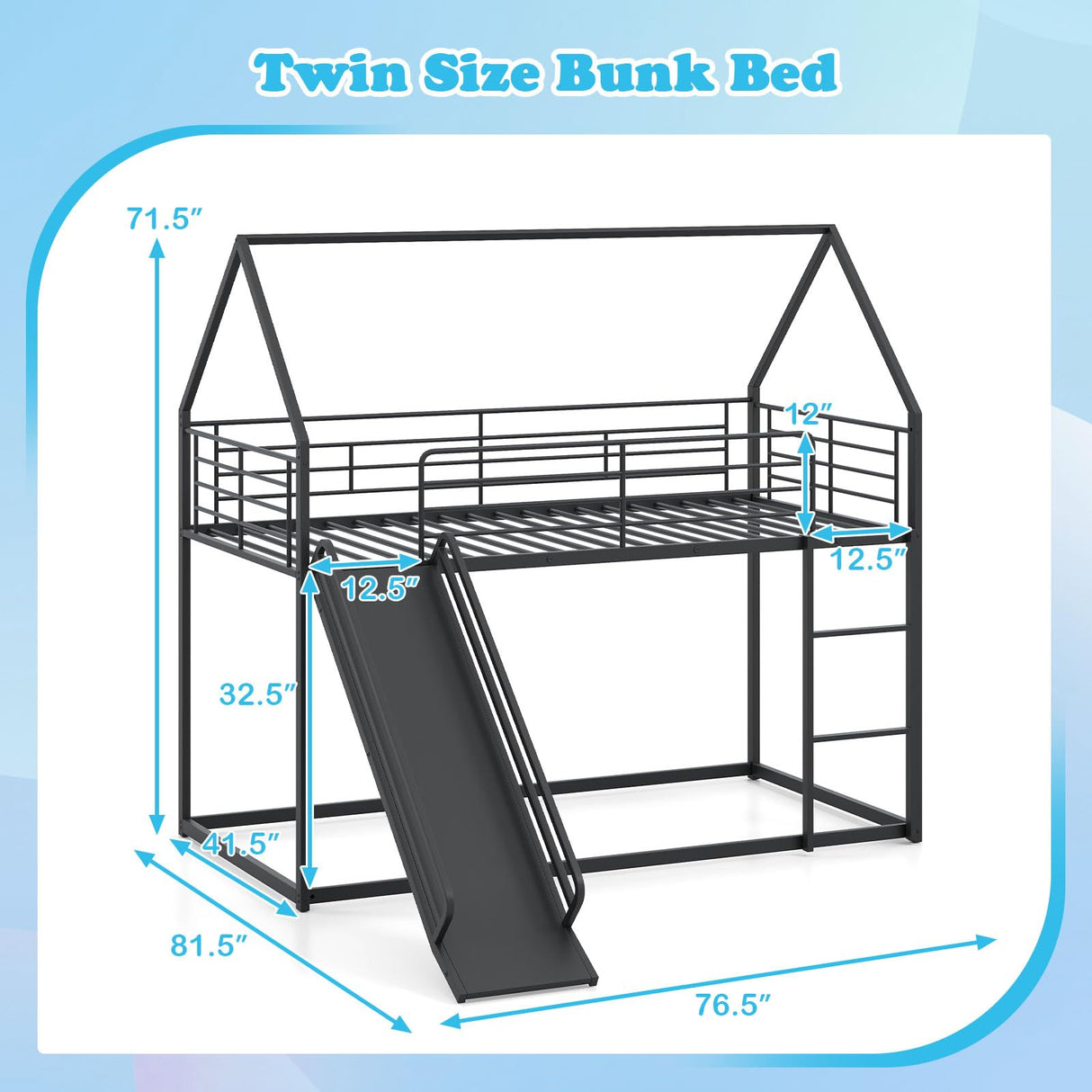 Giantex Twin Over Twin Bunk Bed with Slide & Ladder, House-Shaped Metal Bunk Bed Frame with Safety Guardrail & Roof, Heavy-Duty Kids Loft Bed for Boys Girls Junior, No Box Spring Needed, Black Giantex