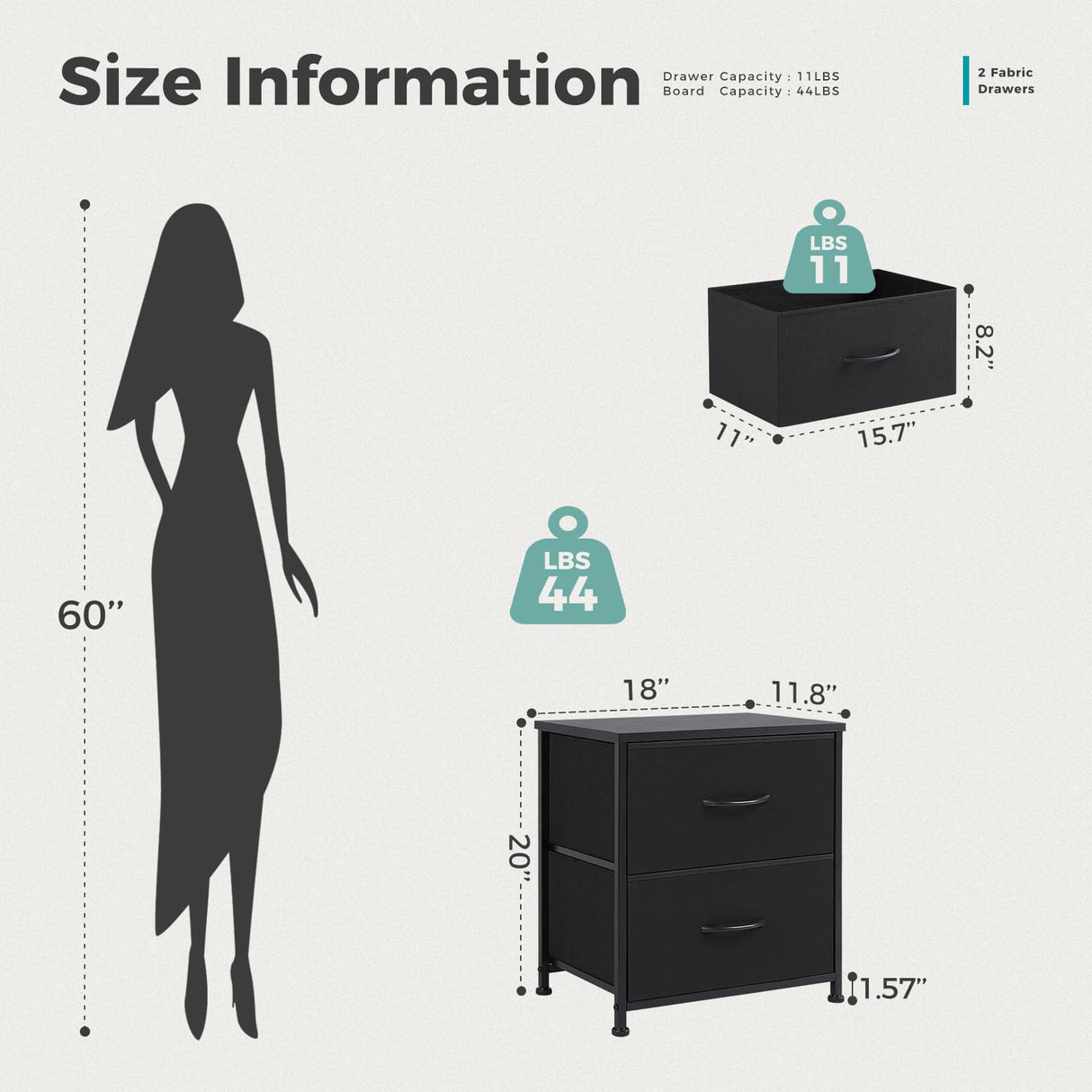 DUMOS Nightstand Small Dresser with 2 Fabric Drawers Side Tables Bedroom End Table Bedside Storage Furniture for 20 inch Tall Night Stand for Entryway, College Dorm, Classic Black DUMOS