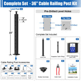 CKE 10-15ft Complete Set 36" Cable Railing Post Kit, 3Pack Adjustable Top Level Drilled Line Posts(35"x2"x2"), 220ft 1/8" Wire Rope, Black Swageless Invisible Cable Railing Kit (No Handrail) LPS01 CKE