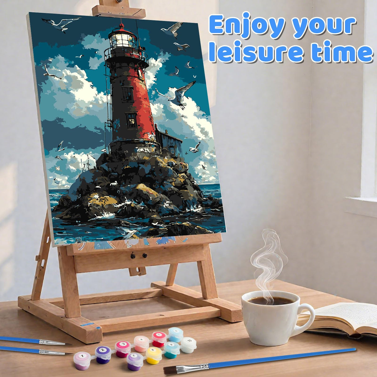 EMIEAUFG Creative Paint by Number Kit for Adults,Beacon in The Middle of The Ocean DIY Paint by Numbers Set for Home Decor and Gifting - 12x16 Inch EMIEAUFG