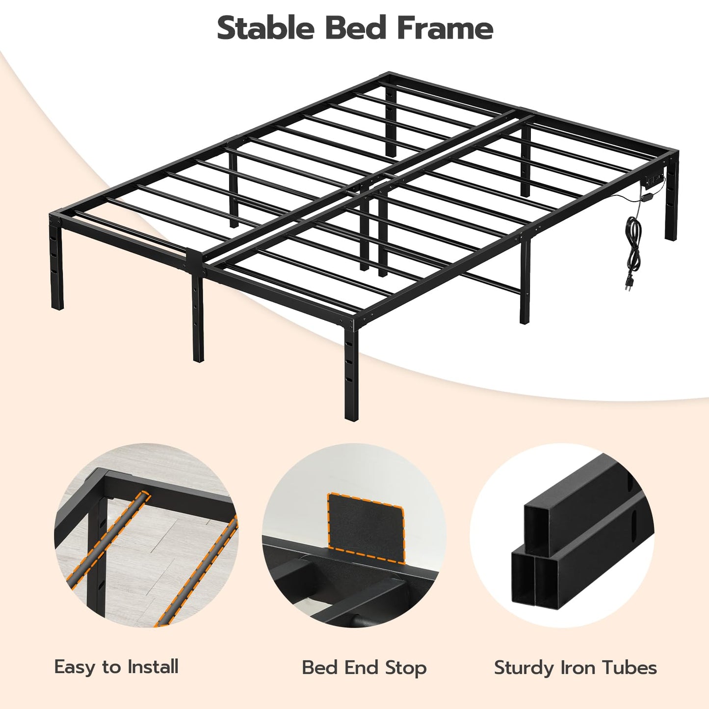 HOOBRO Queen Bed Frame with Smart LED Lights and Integrated Charging Station - WoodArtSupply