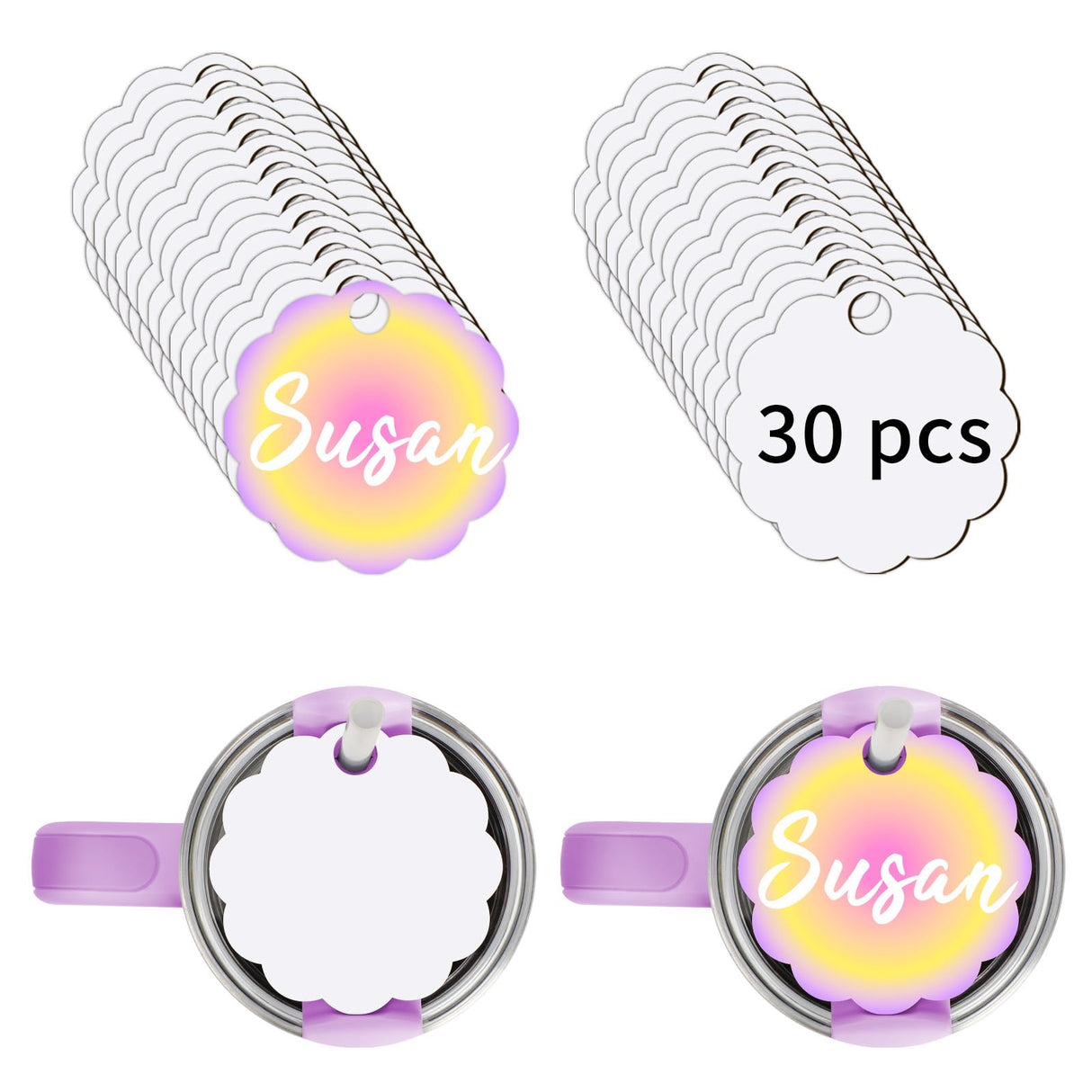 CraftPanel 30 PCS Sublimation Hardboard Name Plates Blanks for Stanley 40oz Cup Accessories Custom Name Tag, Sublimation Tumbler Lid Topper MDF Blank Tumbler Nameplates (Flower Round 3.2") CraftPanel