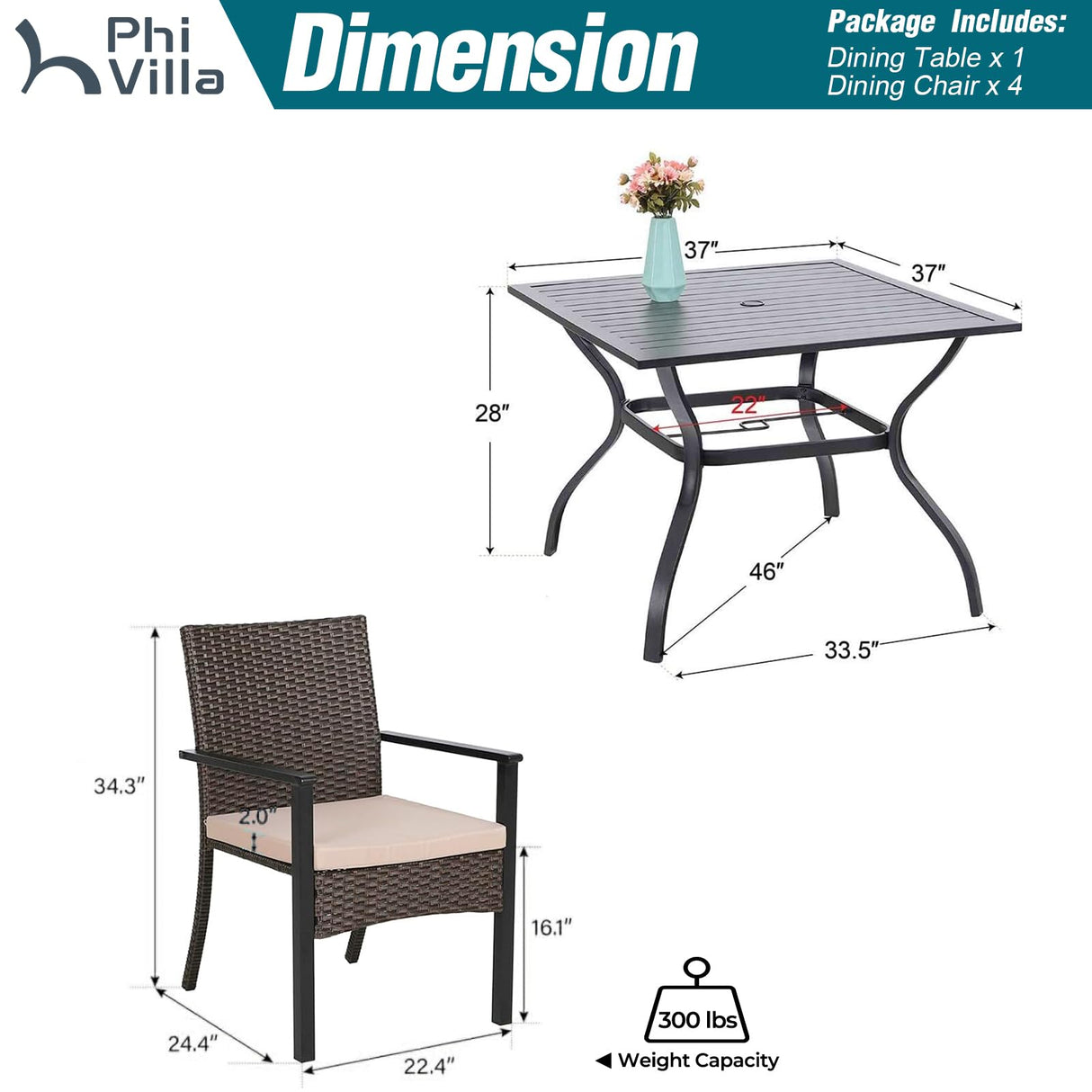 PHI VILLA 7 Pieces Patio Dining Set for 6, 65” Wood-Like Metal Steel Dining Table & Rattan Wicker Chairs with Cushions, Large Dining Furniture Set for Outdoor Deck, Yard, Porch PHI VILLA
