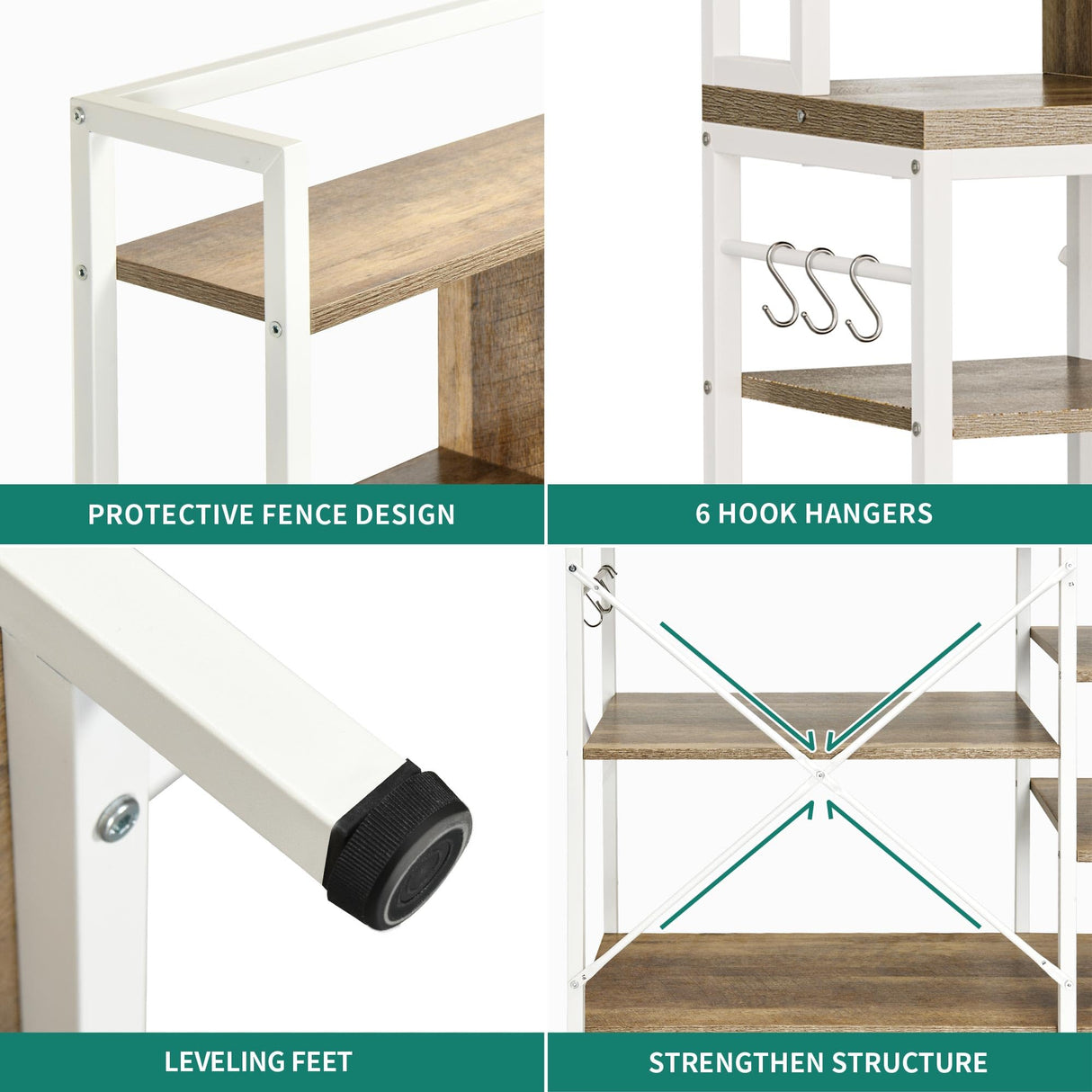 YITAHOME Microwave Stand Bakers Rack w Power Outlet, Coffee Bar Kitchen Freestanding Utility Storage Shelf for Pantry Appliance Spice Pot Pan Organizer w Thickened Counter 6 Hook 39", Oak & White YITAHOME