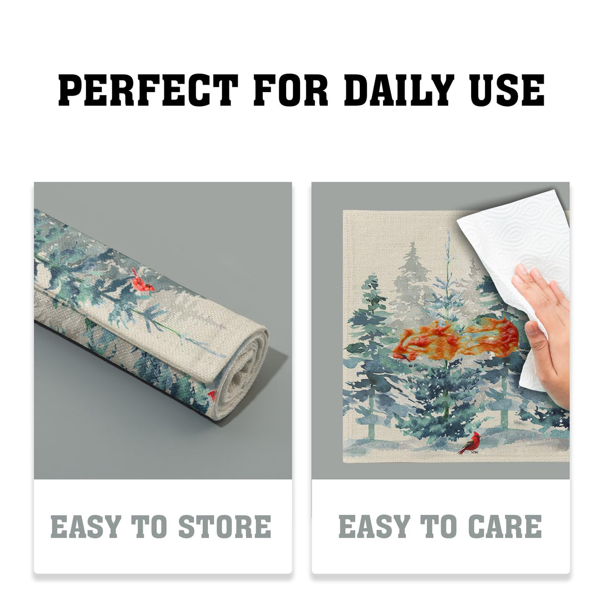 Winter Forest Tree Placemats Set of 4，Pine Tree Christmas Red Bird Heat Resistant Non Slip Place Mats Cotton Linen Tablemats for Dining Table Kitchen Decor 18 x 12 Inch Imiss