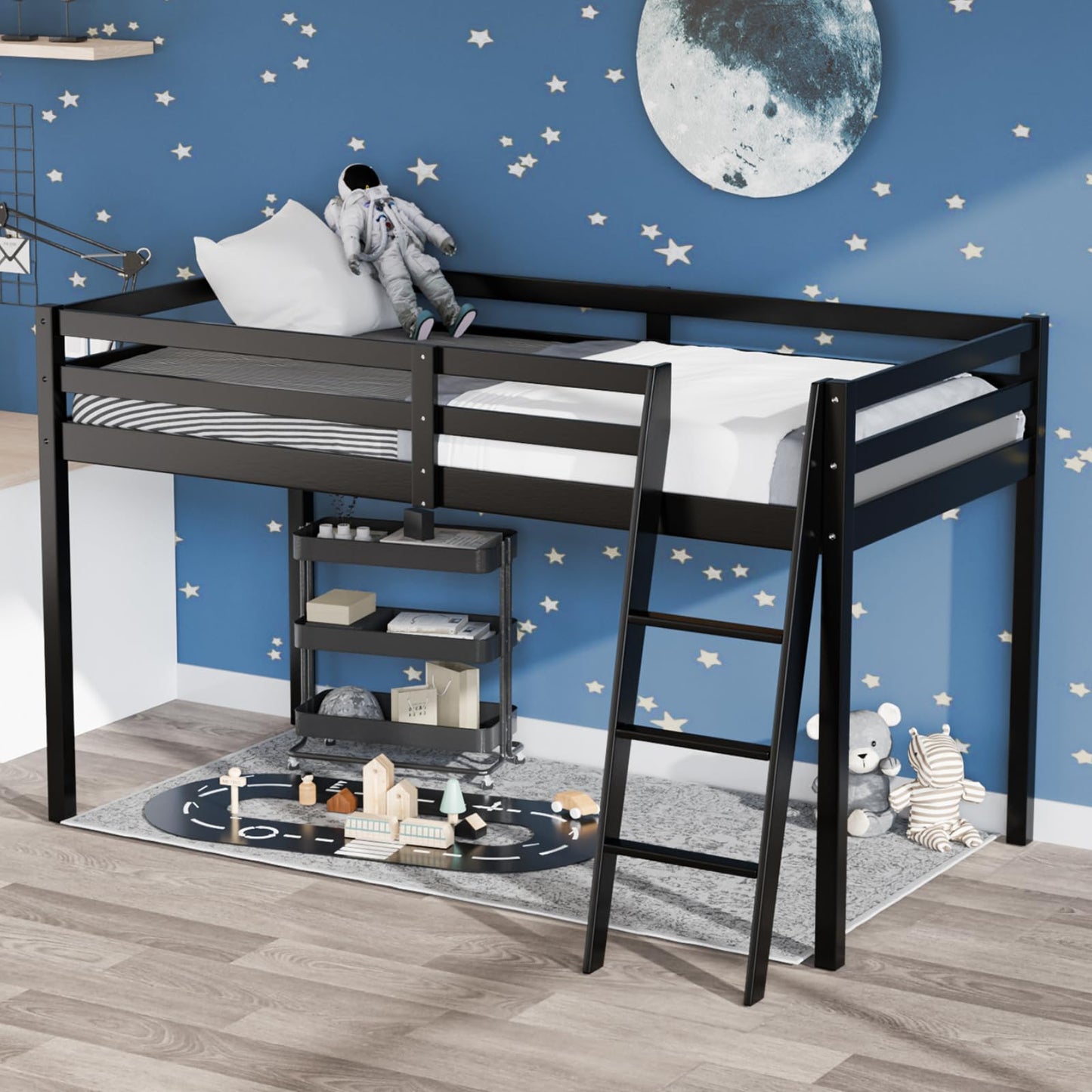 VINGLI 47'' Black Junior Low Loft Bed with Stairs - Sturdy Twin Size Frame for Kids and Teens - WoodArtSupply