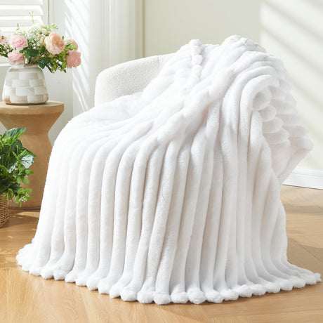 NEWCOSPLAY Super Soft Throw Blanket White Premium Silky Flannel Fleece 3D Ribbed Jacquard Lightweight Bed Blanket All Season Use (White Ribbed, Throw(50"x60")) NEWCOSPLAY