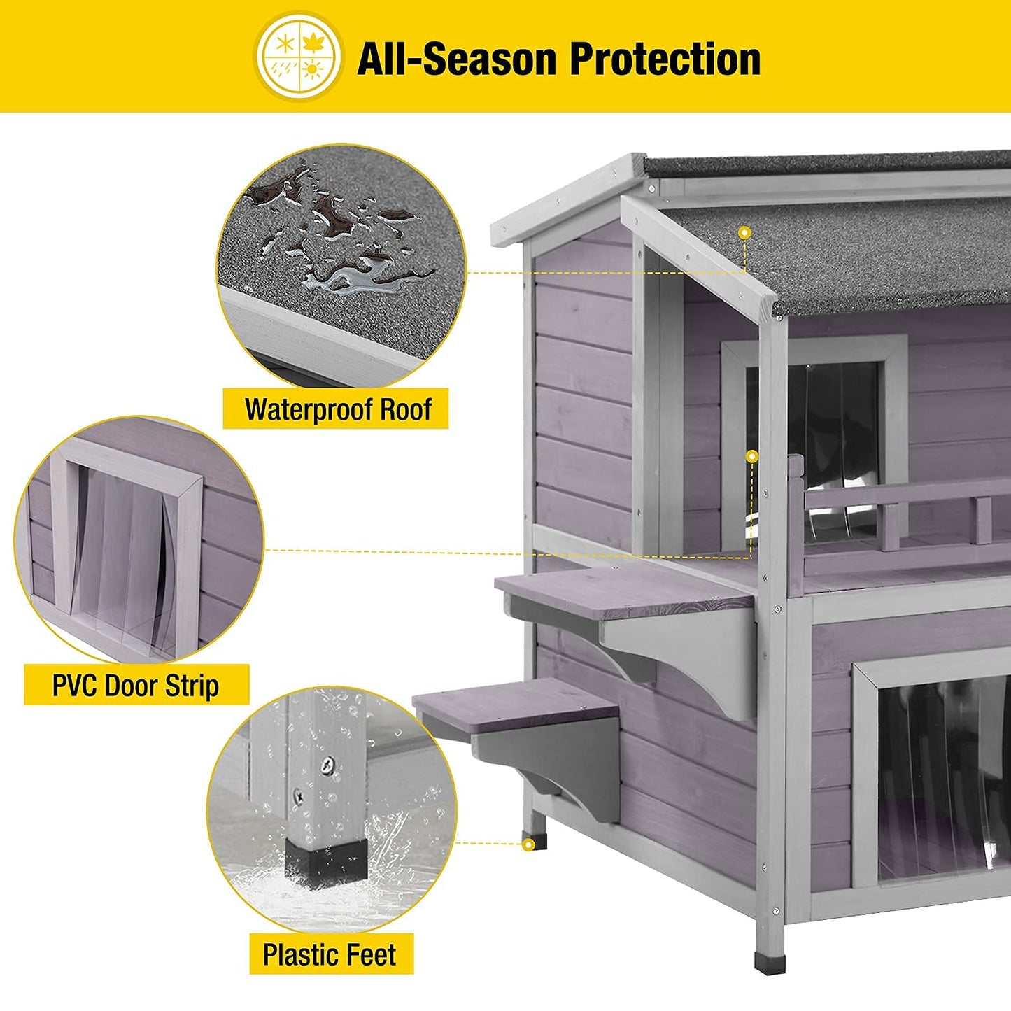 Aivituvin Outdoor Feral Cat House Wooden Kitty Shelter with Large Balcony,Escape Door,Waterproof - WoodArtSupply