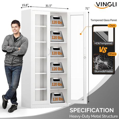 VINGLI Lockable Display Cabinet with Glass Doors & 5 Adjustable Shelves, 71" Tall White Metal Storage Cabinet Curio Liquor, Bookshelf Bookcase for Home Office Living Room Pantry Garage VINGLI