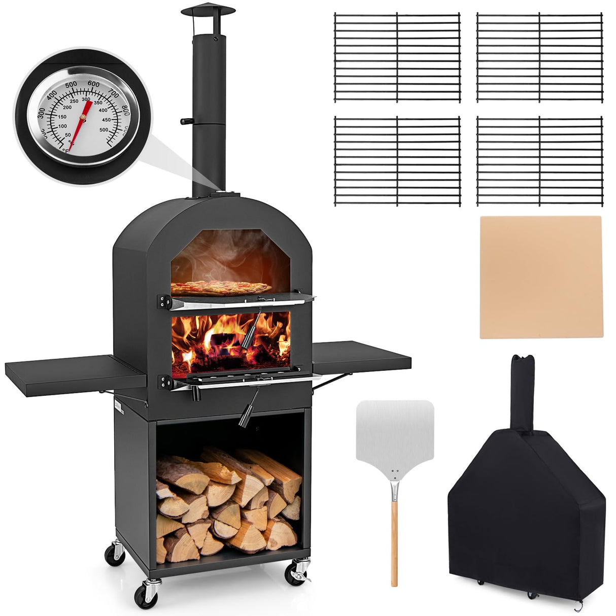 Giantex Pizza Oven Outdoor - Wood Fired Pizza Oven with 2 Side Tables, Pizza Stone, Pizza Peel, Cover, Cooking Grids, Pizza Maker on Wheels for Outside Charcoal Grill Backyard Party Camping Giantex