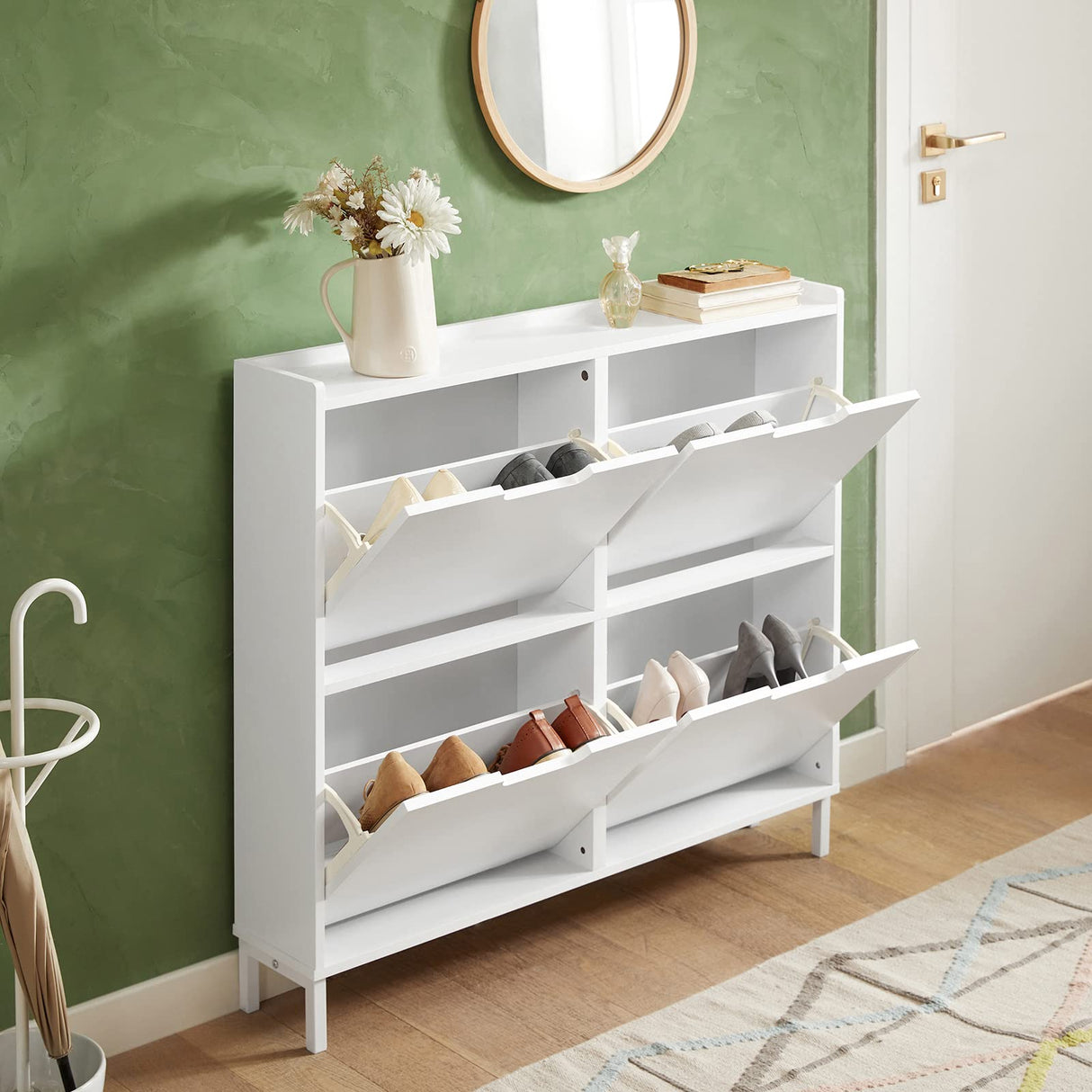 Haotian Shoe Cabinet with 4 Flip-Drawers, Narrow Shoe Rack, Slim Shoe Organiazer Entryway White, FSR100-W Haotian
