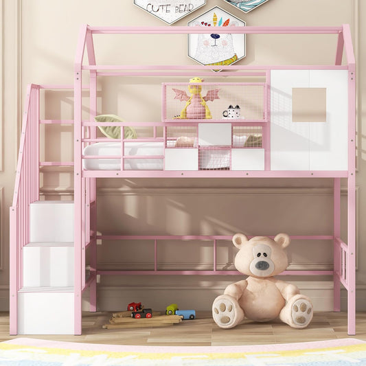 Virubi Twin Kids Loft Bed with Stairs, Low Loft Bed with Roof, Safety Rail and Storage Box, Metal Loft Bed with Storage House Loft Bed for Kids Girls (Pink)