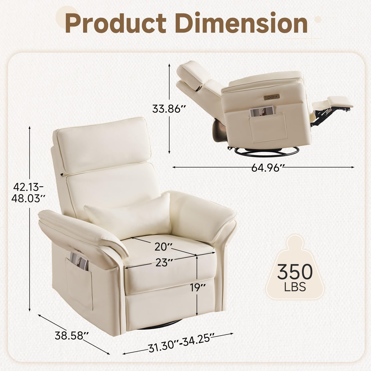 Power Recliner Rocking Chair Nursery Gliders with Adjustable Armrests and Headrest, Swivel Electric Glider Reclining Nursing Chair with USB Port and Storage Bags, FSC Certified(Leather, Beige) MELLCOM