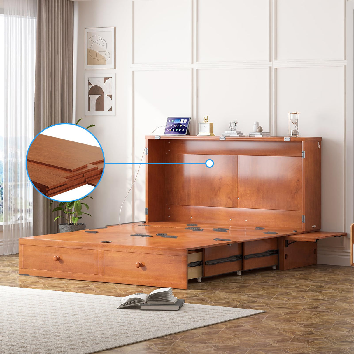 PUREMIND Murphy Bed Queen with Mattress Included - Solid Wood Hideaway Cabinet Bed with 2 Storage Drawers, USB Charging Ports & Headboard - Space-Saving Chest Beds for Home, Guest Room, Cherry PUREMIND