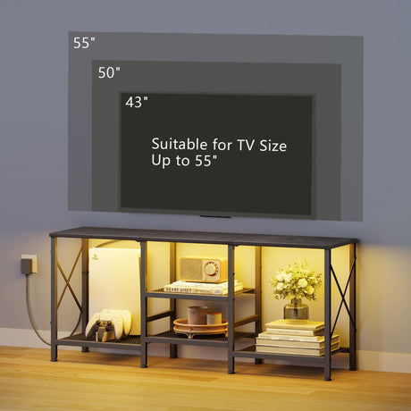 JARHETUN TV Stand with LED Lights for 55 Inch TV, Entertainment Center with 3-Tier Open Shelves, TV Console Table for Living Room, Bedroom, Black JARHETUN