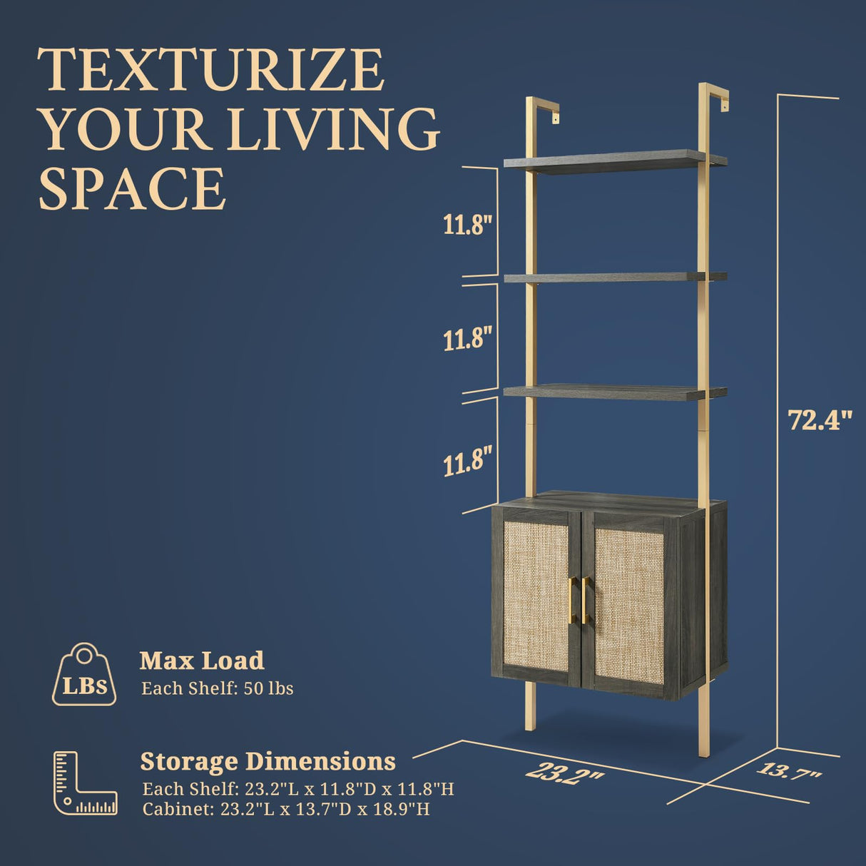 5 Tier Book Shelf Set of 2, 73" Tall Bookshelf with Storage, Modern Bookcase with Shelves, Wall Mount Ladder Shelf with Steel Frame, Bookshelves with Rattan Cabinet for Living Room (Midnight Oak) OAKHAM HOME