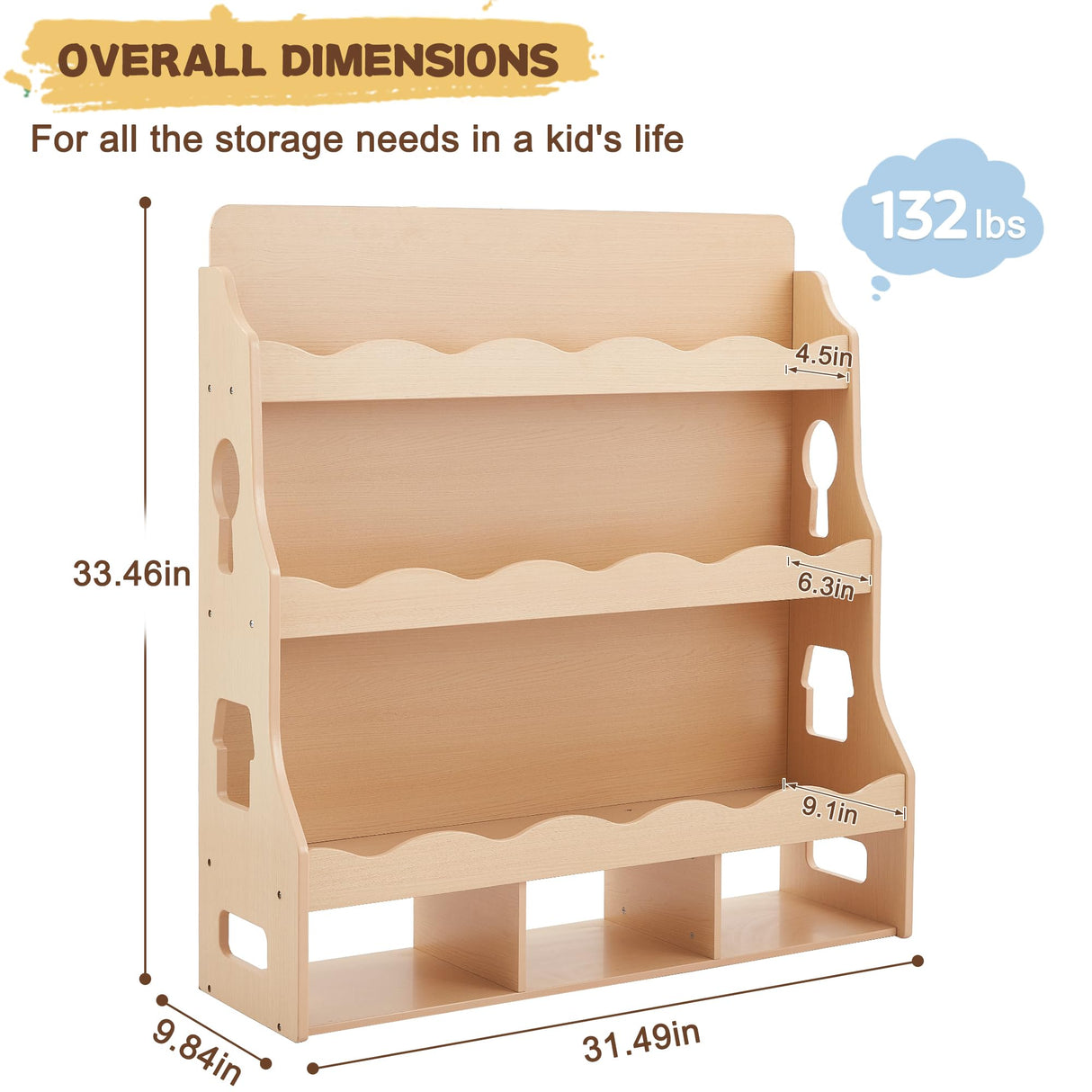 Himold Wooden Kids Bookshelf, Book Shelf for Kids Rooms w/Scalloped Edges, Durable Childrens Bookshelf with 3 Cube Bins for Books & Toys - Toddler Montessori Bookcase Nursery Himold