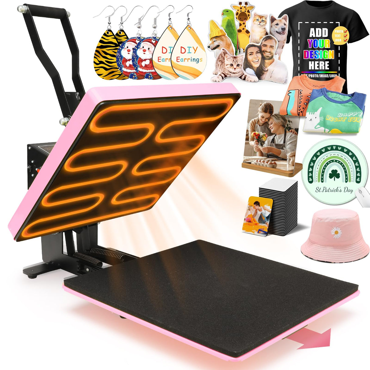 Whubefy Heat Press Machine for T-Shirts 15x15 Slide Out Drawer with Counting Function & 3 Pre-Set Modes, Pressure Knob, Digital Industrial Clamshell Sublimation Printer Heat Transfer Vinyl DIY Pink Whubefy