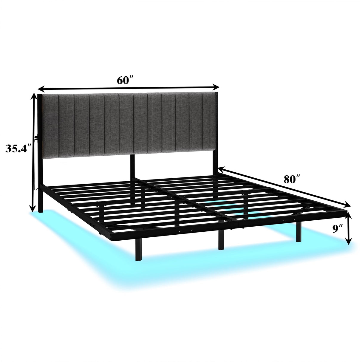 ARFARLY Floating Queen Bed Frame with LED Lights and Charging Station, Metal Platform Bed Frame Queen Size with Upholstered Headboard, No Box Spring Needed, Anti-Noise, Easy to Assemble ARFARLY