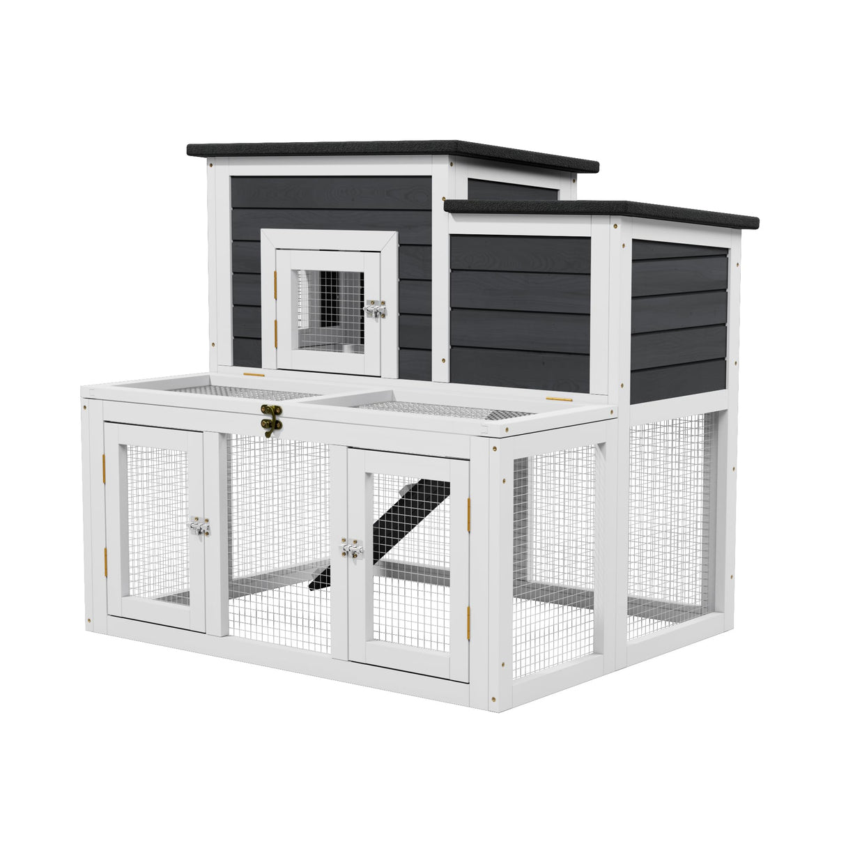 XiliqingEco Outdoor Chicken coops for 2-4 Chickens Wooden with Waterproof Asphalt Roof, Ramp, and Multiple Doors Openable Top Pull-Out Tray Suitable for Outdoor Backyard (Black and White) XiliqingEco