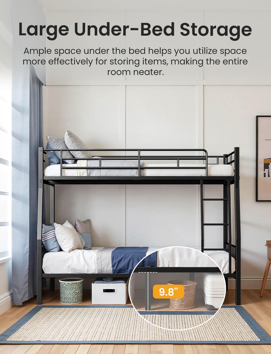 Miscoos Full XL Over Queen Bunk Beds for Adults, Heavy-Duty Metal Bunk Bed Frame with Non-Slip Ladder and Safety Full-Length Guardrails for Kids Teens Adults, Space-Saving, Black Miscoos