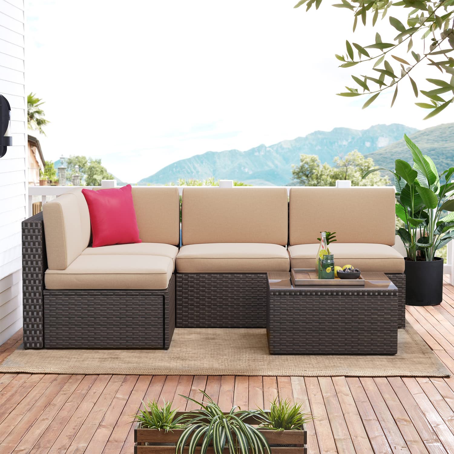 Aoxun 5-Piece Patio Furniture Set Wicker Rattan Conversation Set Outdoor Sectional Sofa Removable Cushions and Tempered Glass Coffee Table Suitable for Small Size (Brown) - WoodArtSupply