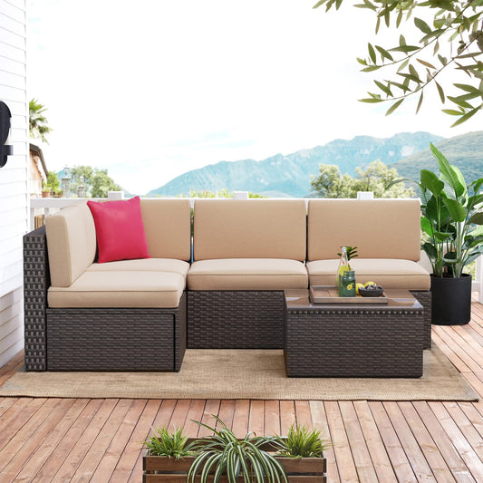 Aoxun 5-Piece Patio Furniture Set Wicker Rattan Conversation Set Outdoor Sectional Sofa Removable Cushions and Tempered Glass Coffee Table Suitable for Small Size (Brown) - WoodArtSupply