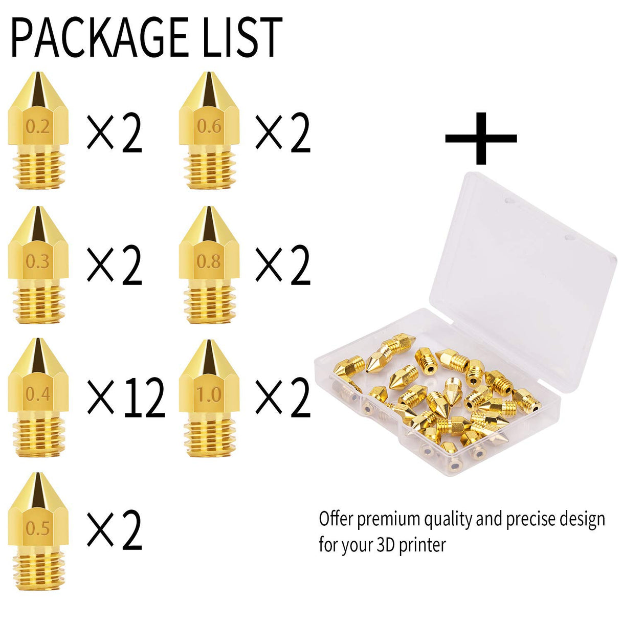 LUTER 24PCS Extruder Nozzles 3D Printer Nozzles for MK8 0.2mm, 0.3mm, 0.4mm, 0.5mm, 0.6mm, 0.8mm, 1.0mm with Free Storage Box for Makerbot Creality CR-10 Ender 3 5 LUTER