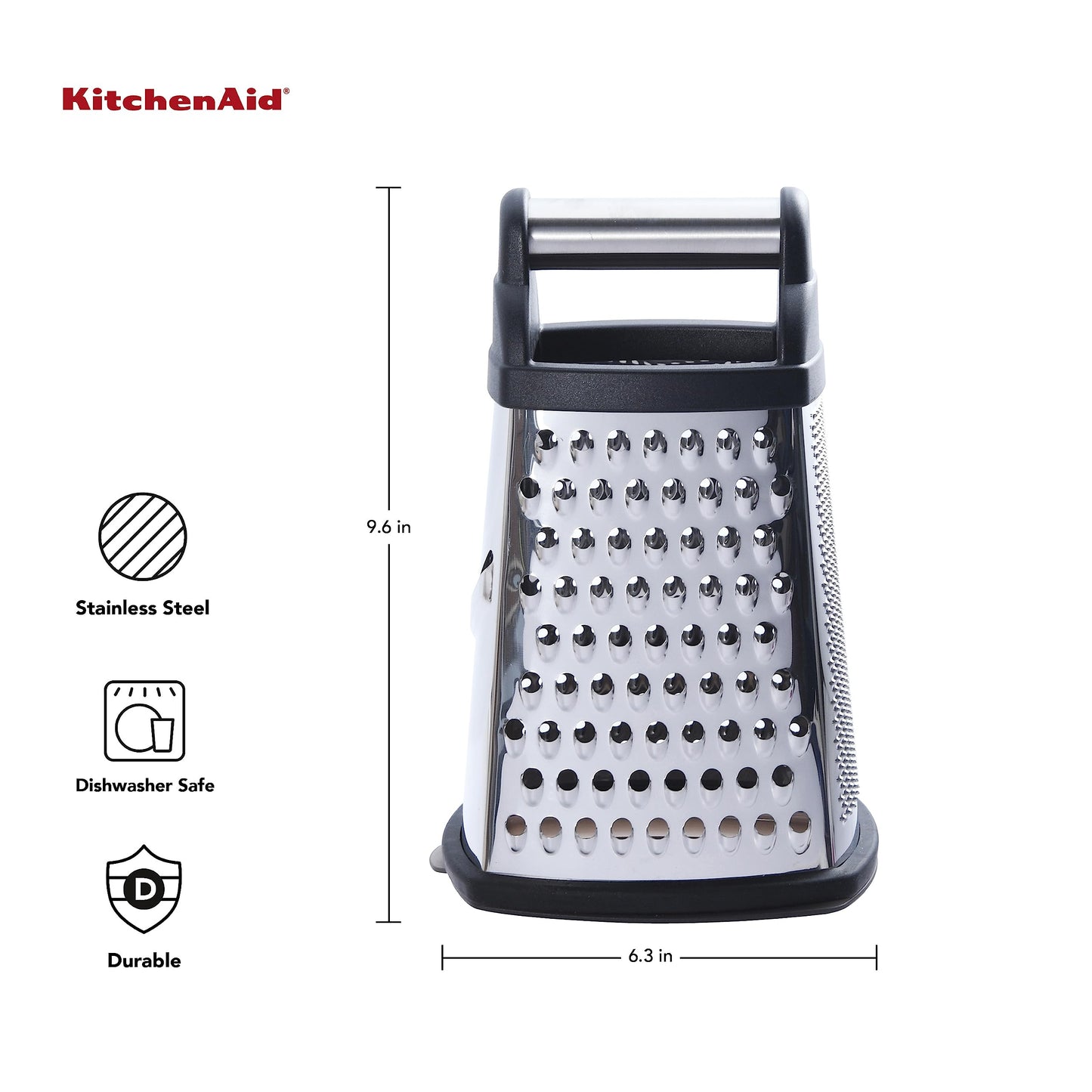 KitchenAid Gourmet 4-Sided Stainless Steel Box Grater for Fine, Medium and Coarse Grate, and Slicing, Detachable 3 Cup Storage Container and Measurment Markings, Dishwasher Safe, 10 inches tall, Black