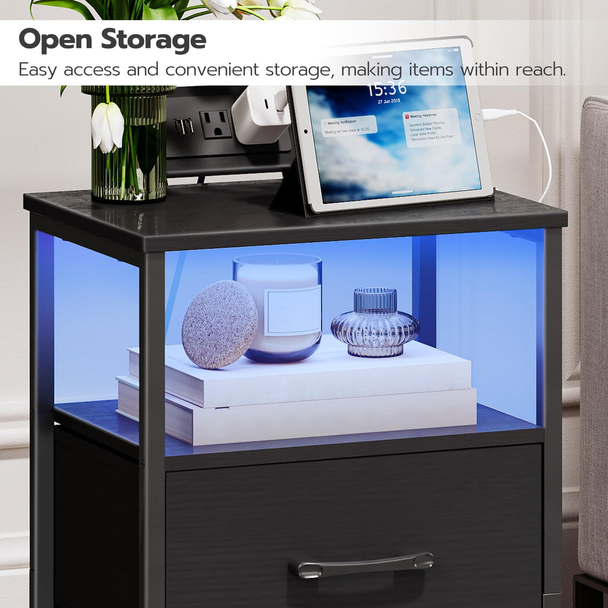 HOOBRO Nightstand with Charging Station, Bedside Table with LED Lights and 2 Fabric Drawers, End Table with Outlets and USB Ports, Small Night Stand for Bedroom, Black BB118UDBZ01 HOOBRO