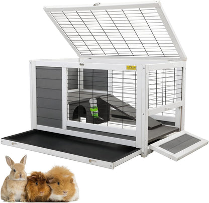 COZIVVOVV Wooden 35Inchs Indoor Outdoor Rabbit Hutch, Small Animal Houses & Habitats, Large Bunny Cage with Removable Tray, Single Level Guinea Pig Hamster Cage（Grey）