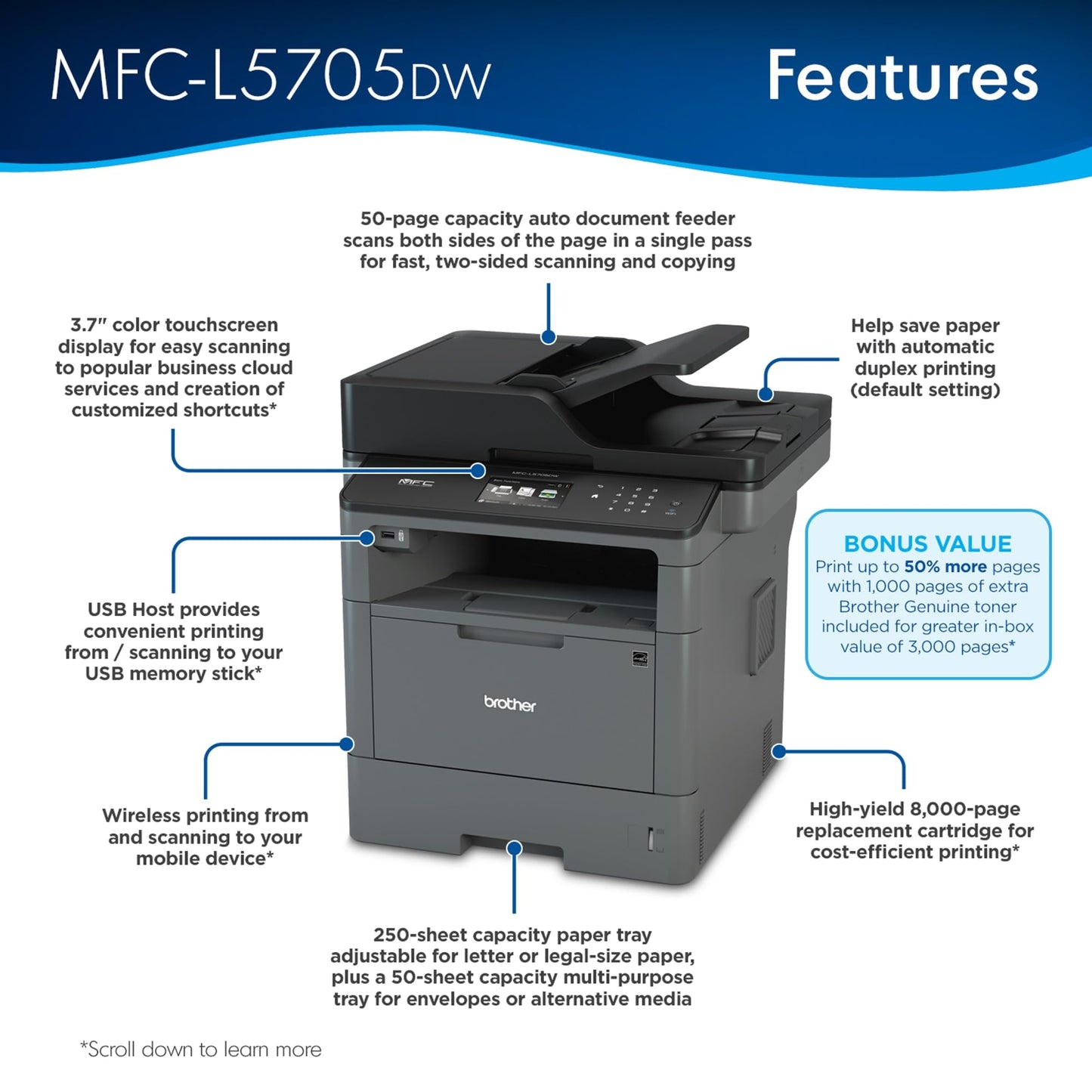 Brother MFC‐L5705DW Business Monochrome Laser All‐in‐One Printer, MFCL57000DW Value Version (MFCL5705DW), Grey