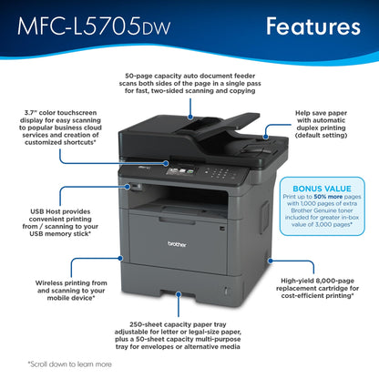 Brother MFC‐L5705DW Business Monochrome Laser All‐in‐One Printer, MFCL57000DW Value Version (MFCL5705DW), Grey