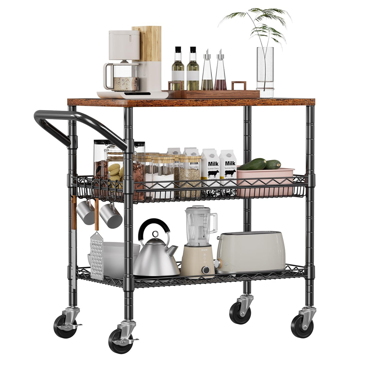 WDT 3 Tier Rolling Carts with Wheels, Heavy Duty Rolling Utility Cart with Wood Tabletop, Commercial Grade Metal Cart with Handle and Hooks, NSF Storage Serving Carts for Kitchen Island, Wood+Metal WDT
